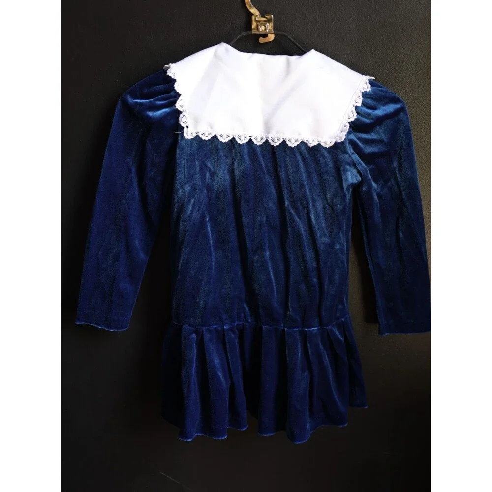 Vintage 80s 90s Royal Blue Velvet White Collar Girls Dress Victorian Style 7P